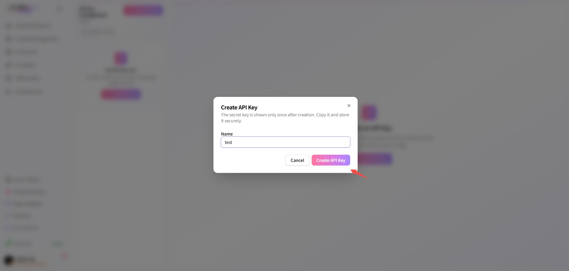 输入名称并创建 API Key